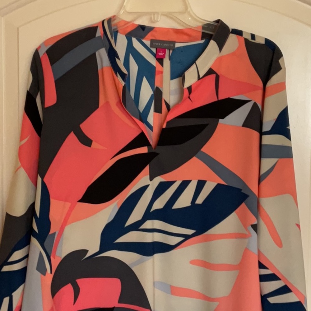 Vince Camuto Coral, Navy & Black Abstract Leaf Print Blouse